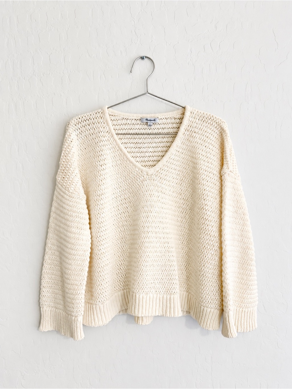 Madewell Cream Open-Knit V-Neck Sweater